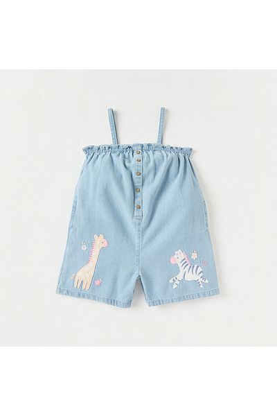 Juniors Animal Applique Denim Dungaree with Strap Sleeves and Button Detail