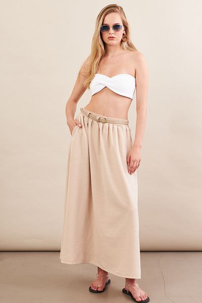 Cool & Sexy Women's Stone Linen Pocket Midi Skirt Rsp4440