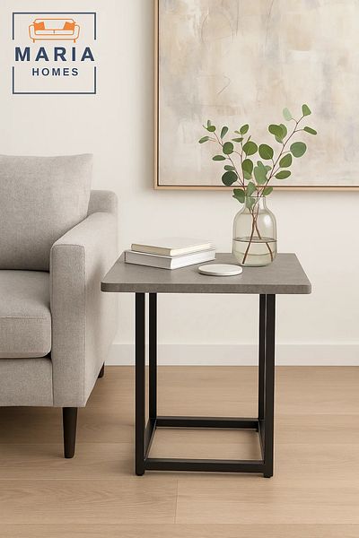MARIA HOMES Square Stone-Texture Side Table with Black Metal Frame