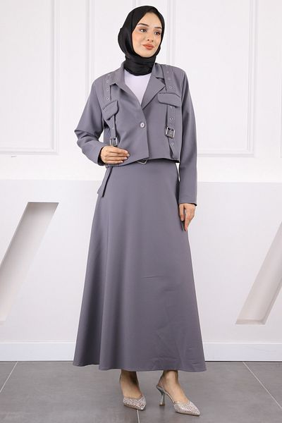 İmajButik Gray Belt Detailed Jacket Skirt Suit
