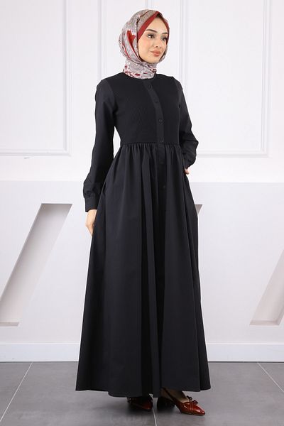 İmajButik Black Embossed Front Button Dress