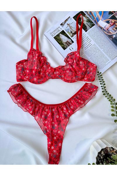 RUYAZ Red Floral Print Sheer Tulle Bralet and Panty Set - Romantic Lingerie with Ruffles