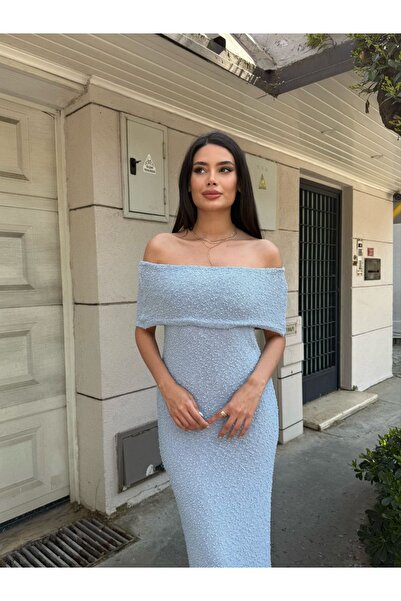 128ve980 Kadın Uzun Madonna Yaka Triko Elbise