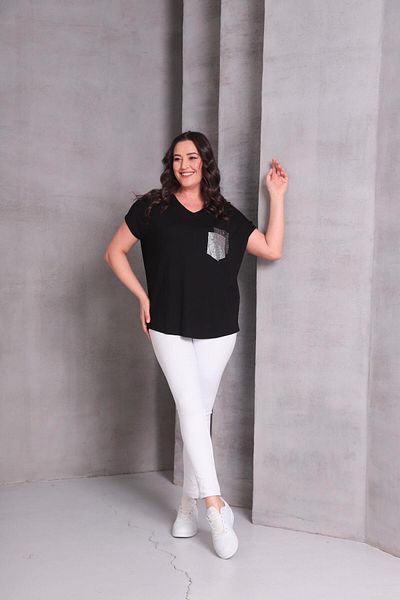 Ebsumu Women's Plus Size Pocket Print Detail Black Blouse