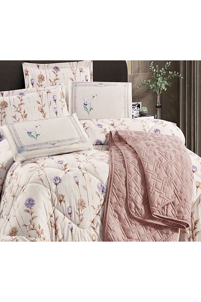 Q LAND Balqis Summer Double Quilt Set, 7 Pieces, Light Brown Checked