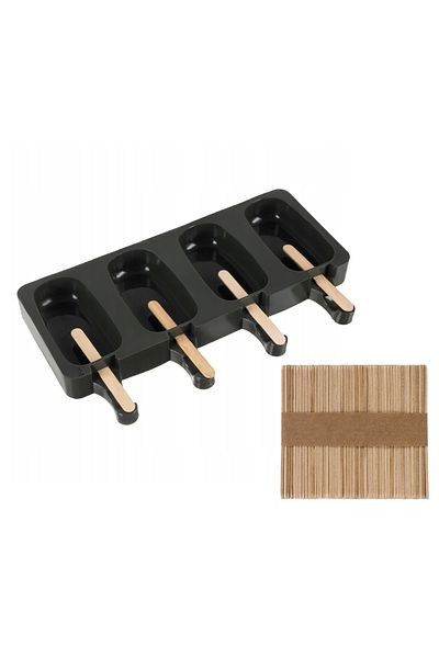 zola Silicone ice cream mold set, 4 cavities + 50 wooden sticks, 25.5x15x2.5 cm, black