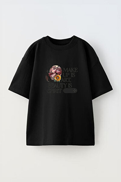 Anetos Tricou Beauty Is Spirit Front B cu imprimeu Cotton Black O supradimens...