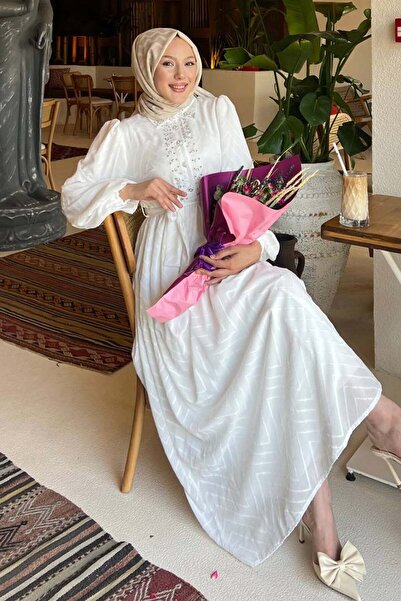 benguen Stone Detailed Hijab Dress White 1412