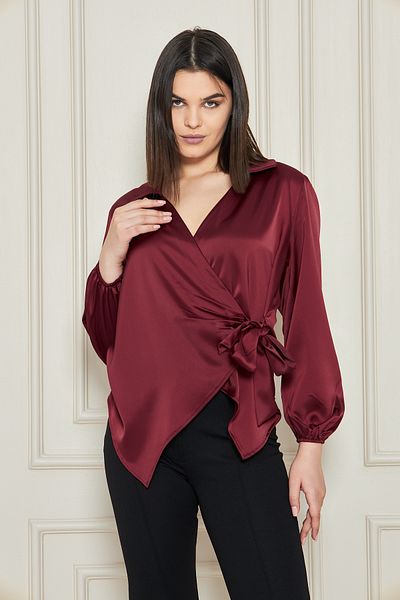 happinice Women's Red Double Breasted Side Tie Satin Blouse Shirt