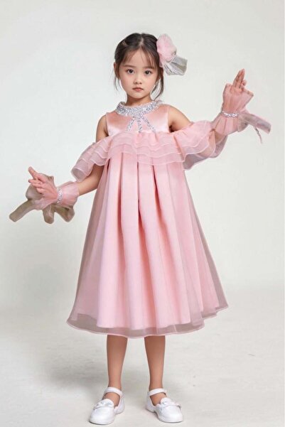 Riccotarz Βραδινό φόρεμα σομόν για κορίτσια με πέτρινο κέντημα στο στήθος και βολάν μέσα με επένδυση