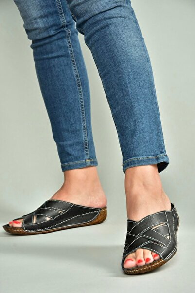 Fox Shoes U555123403 Black Genuine Leather Women's Slippers