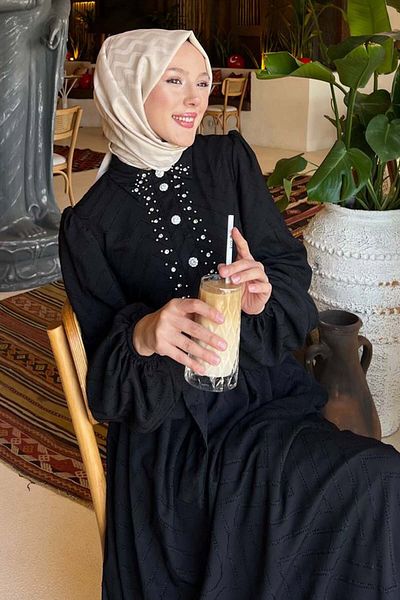 benguen Πέτρινο Λεπτομερές Φόρεμα Hijab Μαύρο 1412