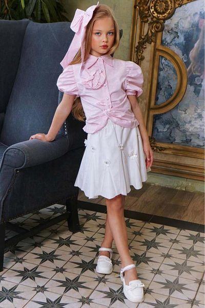 Riccotarz Girls' Balloon Sleeve Overhead Stone Embroidery Asymmetrical Cut Powder Shirt and Floral Motif Skirt Suit
