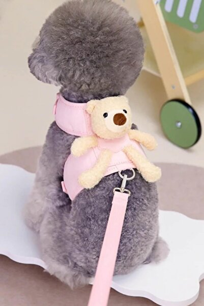 TAKIŞTIR Pembe Renk Ayıcık Figürlü L Beden Göğüs Kedi/Köpek Tasma