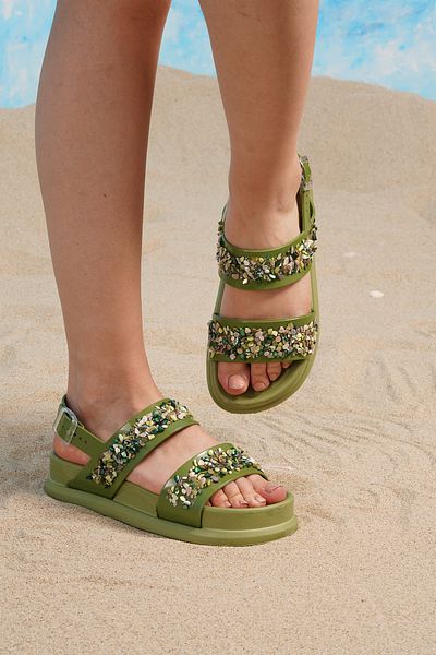 Beyond Women's Natural Stone Grass Green Wave Double Strap Sandals 3cm Byndwv01