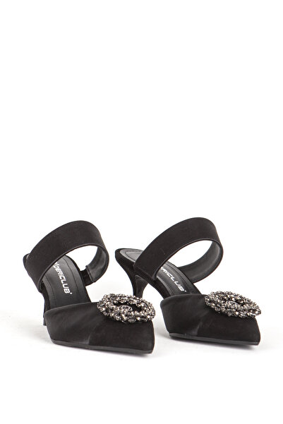 Dericlub Γυναικείο βραδινό φόρεμα με μυτερή πέτρα - Σετ παντόφλες και παπούτσια Pl 984121 Μαύρο