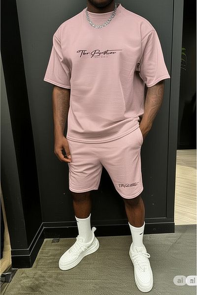 NO 601 Men's Pink Fine Futter Boston Printed Orphan Sleeve Tshirt Shorts Set