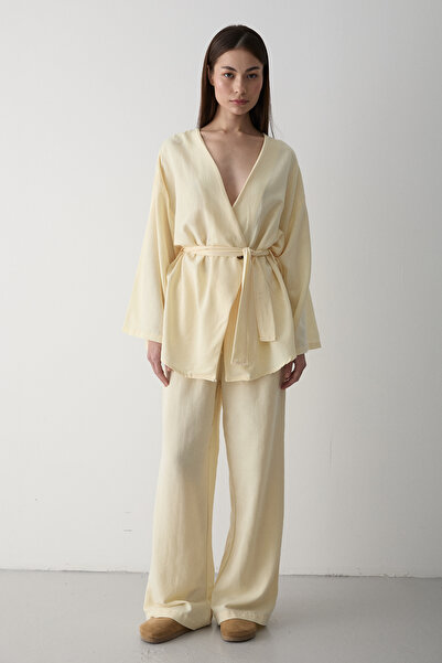Laluvia Sárga pamut kimonó széles szárú nadrág szett
