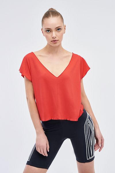 LOUXILOL Women's Red V-Neck Short Sleeve Blouse