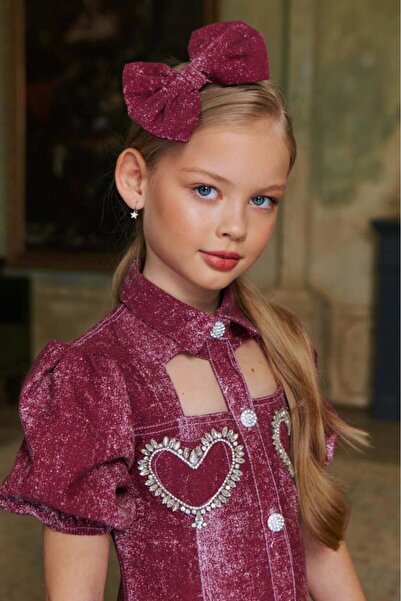 Riccotarz Girl's Chest Slit Detailed Diamond Heart Embroidered Balloon Sleeve Burgundy Denim Dress