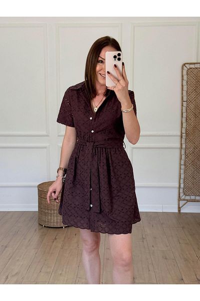 X-Young Belted Brode Short Sleeve Dress Brown