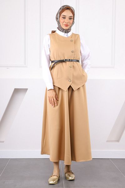 İmajButik Σετ γιλέκο με μπεζ φούστα