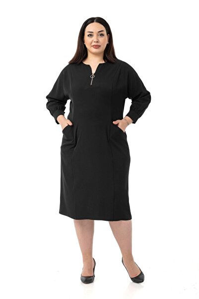 DISENTIS MODEST Plus Size Collar Zipper Detailed Three Quarter Sleeve Midi Black Dress with Bag Pockets