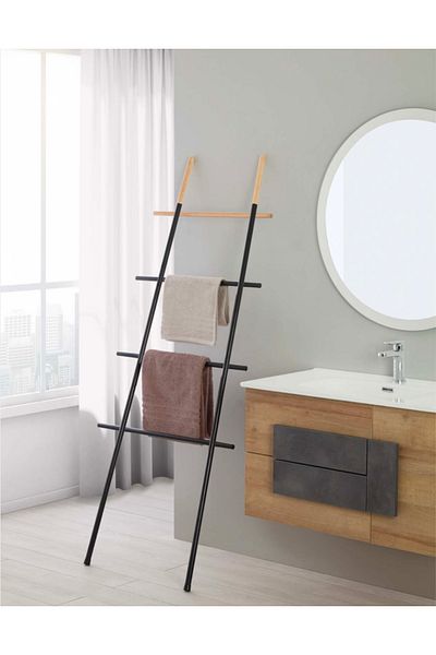 Feridras Vertical ladder-type towel rack, black, steel and wood, h 170 cm