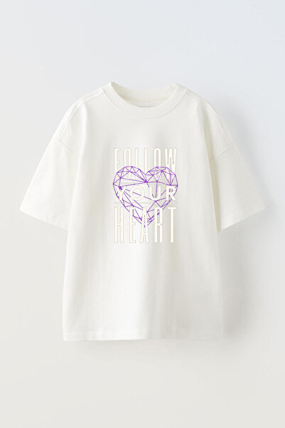 Anetos Tricou Oversize Alb din Bumbac cu Imprimare "Follow Your Heart"