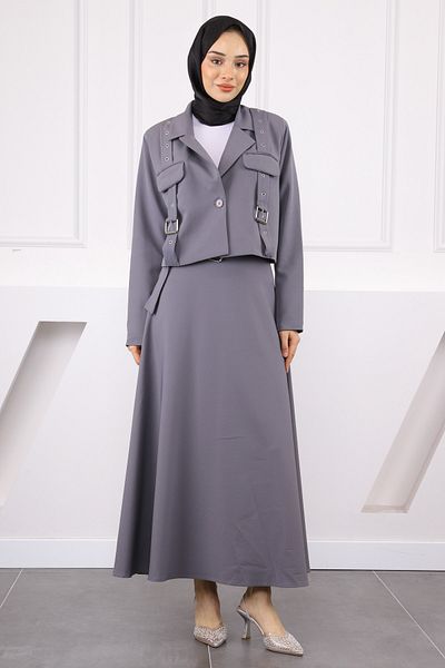 İmajButik Gray Belt Detailed Jacket Skirt Suit