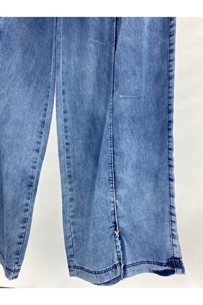 LADYDUİN Palazzo Kalıp Ön Nervür ve Yırtmaç Detaylı İnce Yazlık Kot Büyük Beden Kadın Pantolon