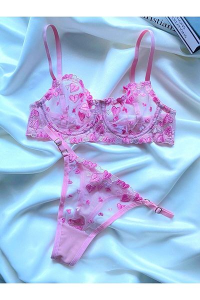 Fleur de Lingerie Set bralet brodat inimă roz pentru femei (sutien și tanga)