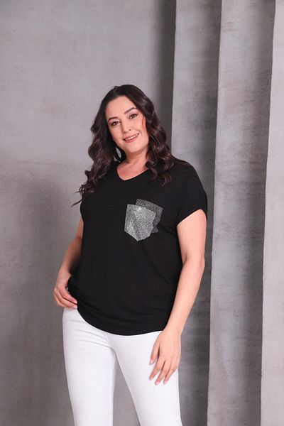 Ebsumu Women's Plus Size Pocket Print Detail Black Blouse