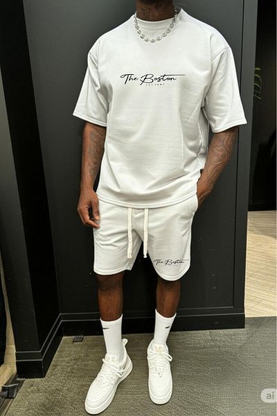 NO 601 Men's White Fine Futter Boston Printed Orphan Sleeve Tshirt Shorts Set