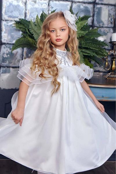 Riccotarz Girl's Off-Shoulder Collar Stone Embroidered Bust Ruffle Lined White Evening Dress