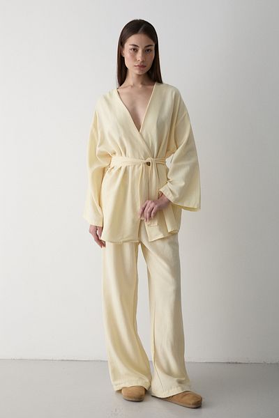 Laluvia Gelbes Baumwoll-Kimono-Hosen-Set mit weitem Bein