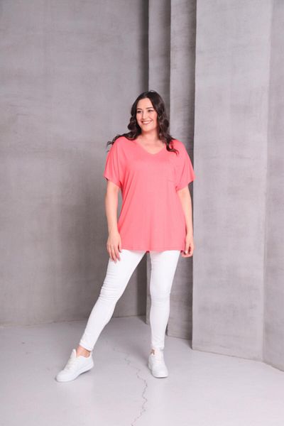 Ebsumu Women's Plus Size Single Pocket Detail Basic Coral T-Shirt