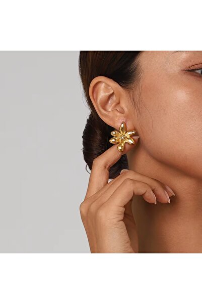 Siya Silver Altın Kaplama Gold Renk Çiçek Model Kadın Çelik Küpe