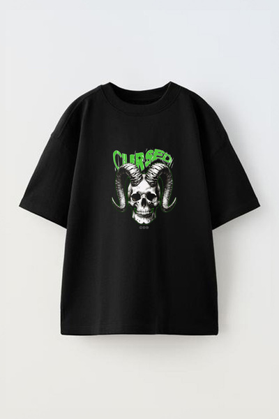 Anetos Tricou Gothic Cursed Skull Front cu imprimeu Cotton Black supradimensi...
