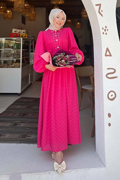 benguen Stone Detailed Hijab Dress Fuchsia 1412