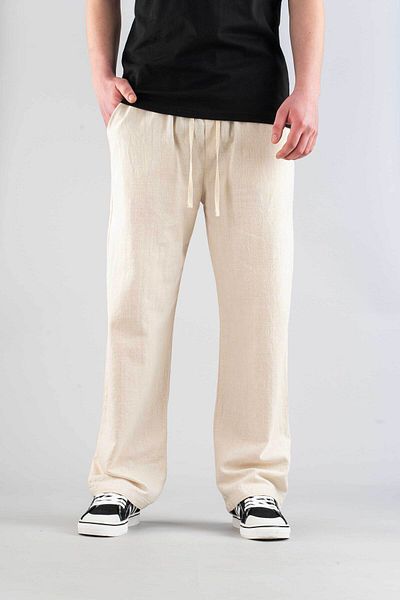 bombe Men's Gray Linen Trousers Elastic Waist Cotton Casual Pants