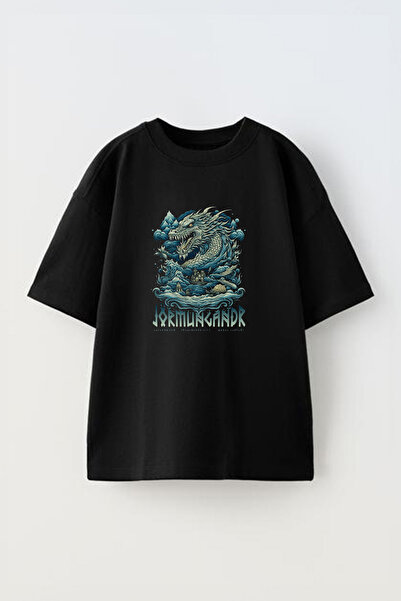 Anetos Tricou Jörmungandr World Serpent Front cu imprimeu Cotton Black supradimensionat