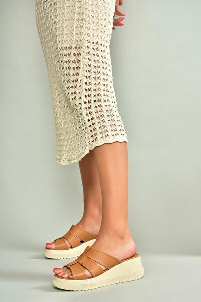 Fox Shoes U555330903 Tan Genuine Leather Thick Soled Women's Slippers