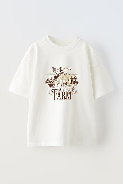Anetos Tricou Farm Life Barn Front cu imprimeu Cotton White supradimensionat