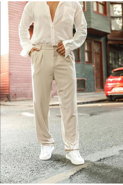 LU-MİLA Men's Pleated Baggy Elastic Waist Fabric Trousers-Beige