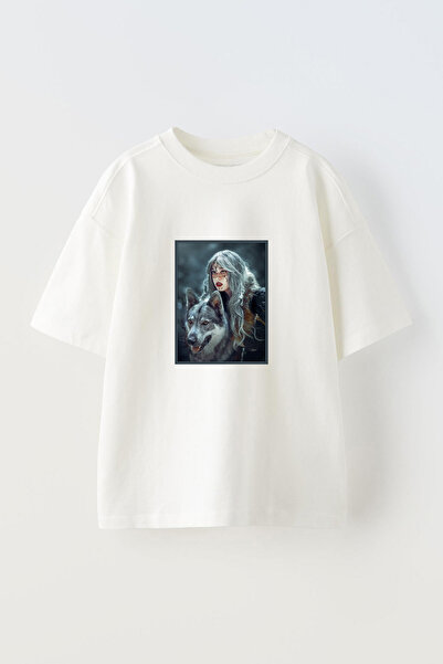 Anetos Tricou oversized alb din bumbac cu imprimeu Woman and Wolf pe față
