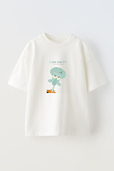 Anetos Sünger Bob Squidward Happy Ön Baskılı Pamuk Beyaz Oversize T shirt