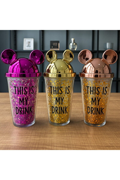 ceviz home züccaciye tekstil ltd şirketi Mickey Mouse Kulaklı Simli Pipetli Bardak – "THIS IS MY DRINK" Yazılı