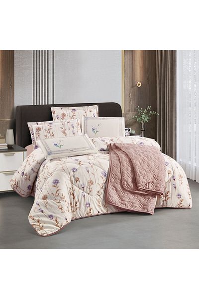 Q LAND Balqis Summer Double Quilt Set, 7 Pieces, Light Brown Checked