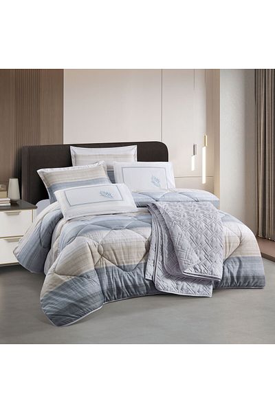 Q LAND Balqis Summer Double Quilt Set, 7 Pieces, Grey Checked